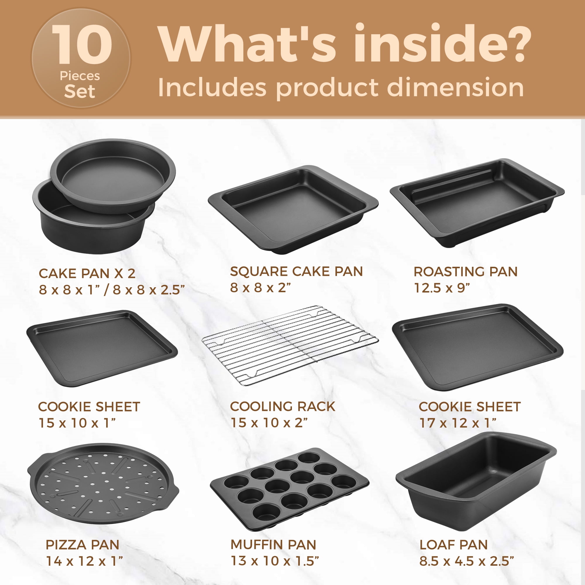 HONGBAKE 10-Piece Nonstick Carbon Steel Bakeware Set, Baking Pan Set with Baking Sheets, Cake Pans, Loaf Pan & Muffin Pan, Grey