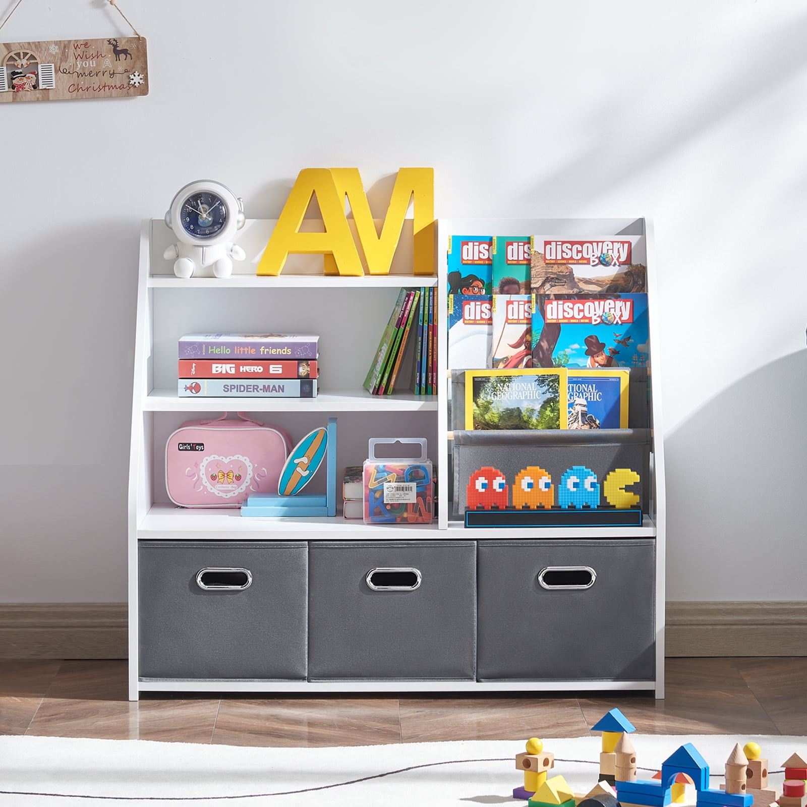 AACULPET Montessori Bookshelf and Toy Storage Organizer, 3-in-1 Wood Bookshelf with 3 Fabric Toy Bins & Sling Book Rack for Baby Toddler, Kids Bookcase with Toy Storage for Nursery Playroom Classroom