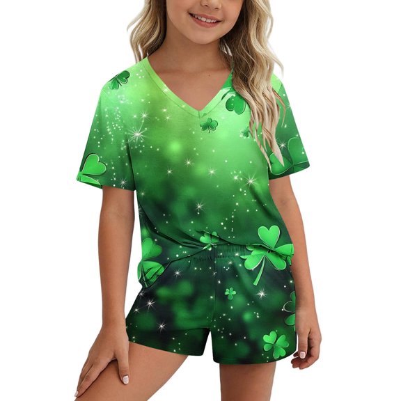 Girls St. Patrick's Day Outfit 2 Piece Set Army Green Shamrock Print V-Neck Short Sleeve Top with Matching Shorts for Kids Ages 5-16,Size 9-10 T