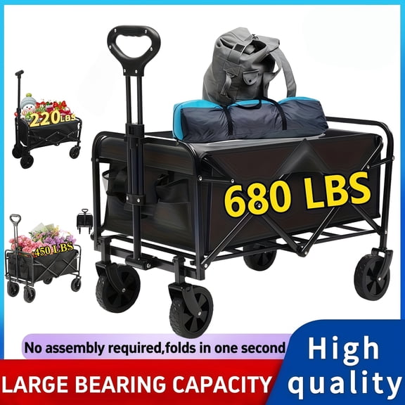 680LBS All Terrain Folding Utility Cart, Heavy Duty Large Capacity Wagon Cart, Portable Collapsible Camping Cart for Yard, Garden, Shopping, Sports, Outdoor Equipment Transportation, Black