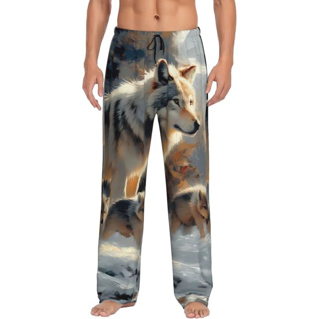 Fotbe Wolf Family Winter Wonderland Pantalones de Pijama para Hombre, Pantalones de Dormir, Pantalones de Casa con Cintura Ajustable y Bolsillos-X-Large