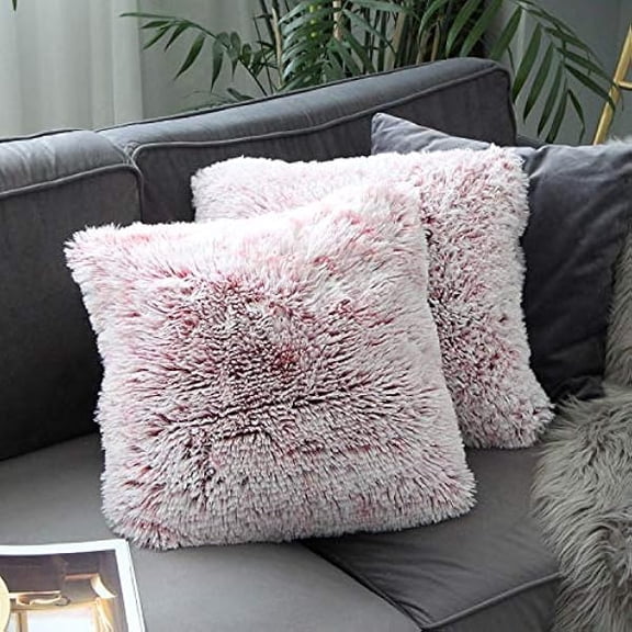 Eryueer 2 Packs Winter Home Decorative Fluffy Plush Pillow Covers 18"x18",Super Warm Soft Plush Faux Fur Throw Pillow Cover Cushion Case for Sofa Bed 45x45 Cm Zippered Red Ombre Pillow Covers