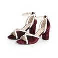 thumbnail image 2 of BLISSFUL STEP Velvet Colorblock Ankle Strap Chunky Heel Sandals for Women Burgundy 6, 2 of 8