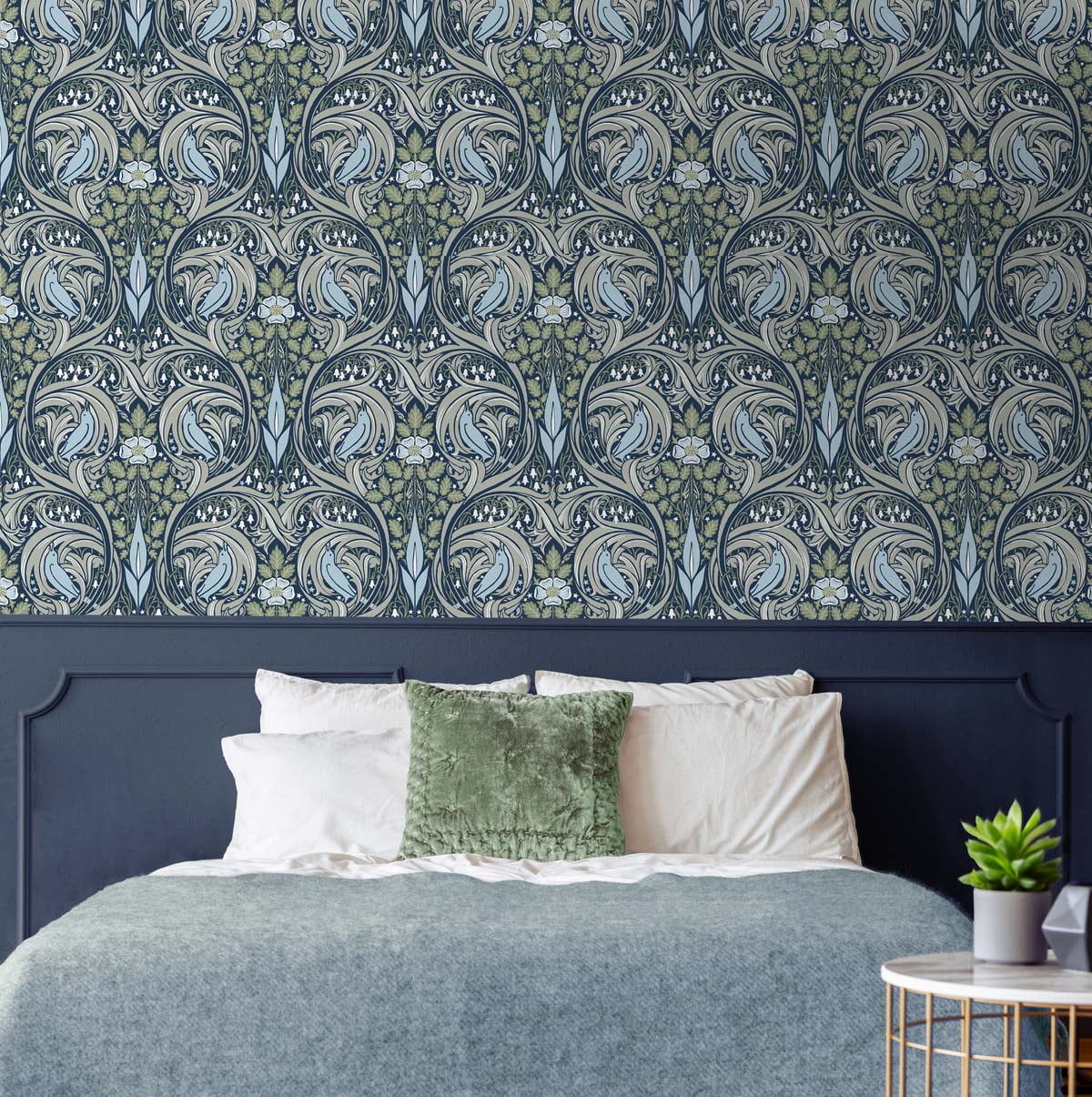 NextWall  Bird Ogee Peel and Stick Wallpaper 20.5 in. W x 18 ft. L - Navy & Fern Green