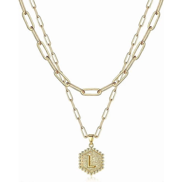 Dainty Layered Initial Necklaces for Women, 14K Gold Plated Paperclip Chain Necklace Simple Cute Hexagon Letter Pendant Initial Choker Necklace Gold