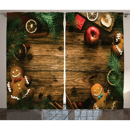 Christmas Decorations  Curtains 2 Panels Set, Gingerbread Man Gift Box Image Pine Cinnamon Dessert on Rustic Wood Xmas Themed, Living Room Bedroom, Brown Green, by