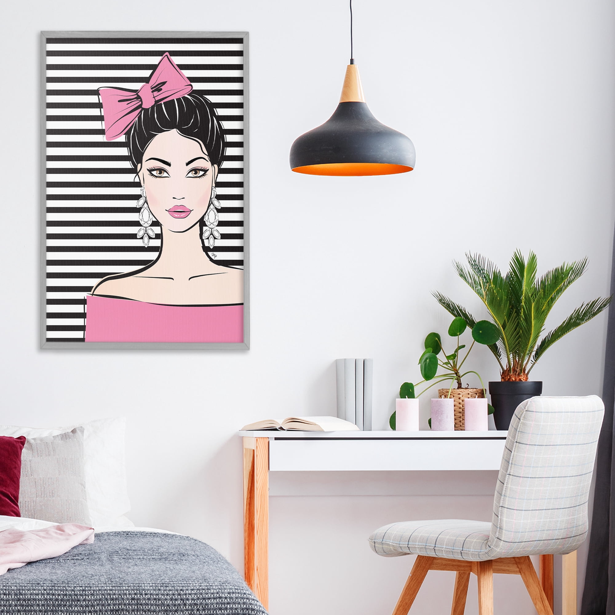 Stupell Industries Girl with Pink Bow & Earrings Gray Framed Giclee Art, design by Martina Pavlova