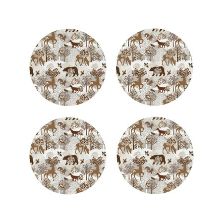 

Leather Coasters Set of 4 - Deer Bear Fox Owl Rabbit Bird Tree Lightweight Non-Slip Drink Coasters for Desk Anti-Scalding Desk Cup Coasters for Office Table Decor Round Shape