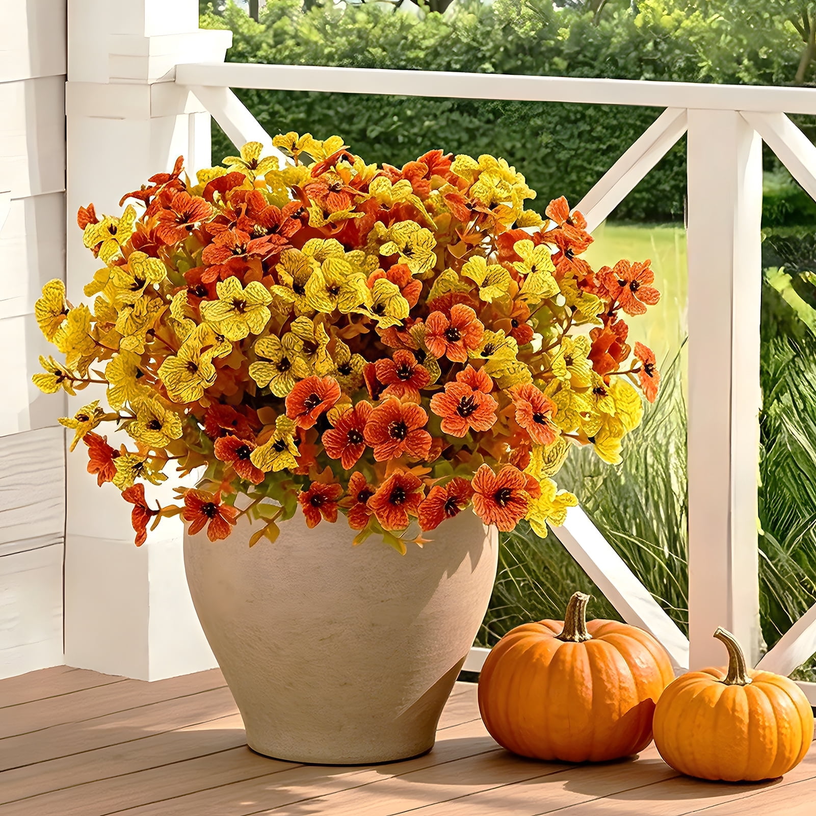 CandWuom Artificial Fall Flowers Fake Mums for Outdoor Autumn Decoration, 10 Bundles Faux Silk Orange Yellow Mums Daisy Look Real UV Resistant for Outside Home Porch Patio Planter