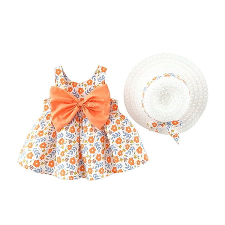 

EHTMSAK Newborn Infant Baby Bow Summer Sundress for Girl with Hat Sleeveless Dress Floral Dresses Orange 0-24M 73-5/6
