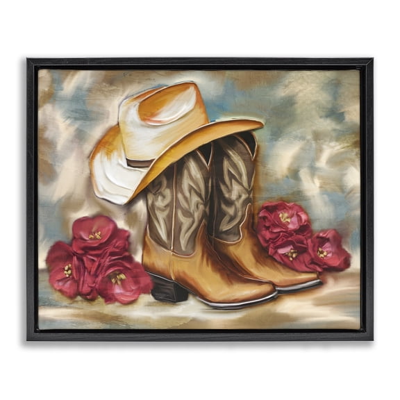 Boots & Floral Bunches Black Framed Floater Canvas Wall Art, design by Kim Allen