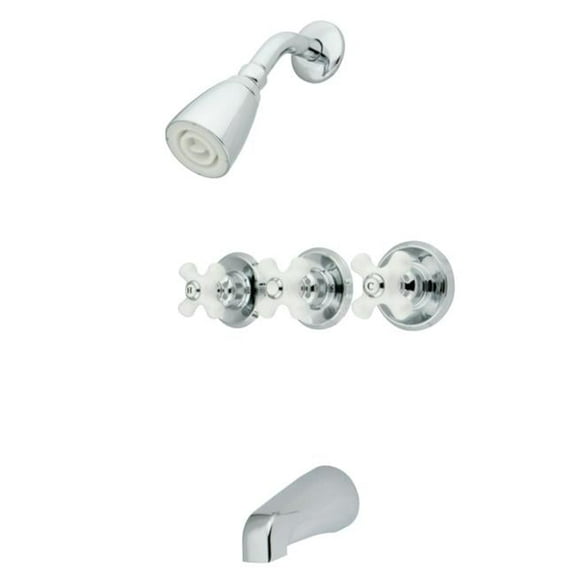 Tub & Shower Faucet with Procelain Cross Handle & 3 Handles, Chrome