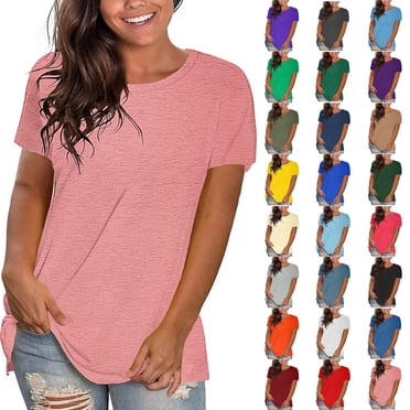 Summer Women Blouses Sawvnm Summer Tops for Women Blouse Spring Printed Mid-length 3/4 Sleeves O-Neck Casual Teen Tops T-shirt for Beach Party Pink L