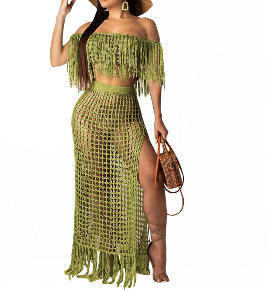 Womens Hollow Out See Through Cover Up 2 Piece Beachwear Tassel Crop Top High Slit Maxi Skirt Dress