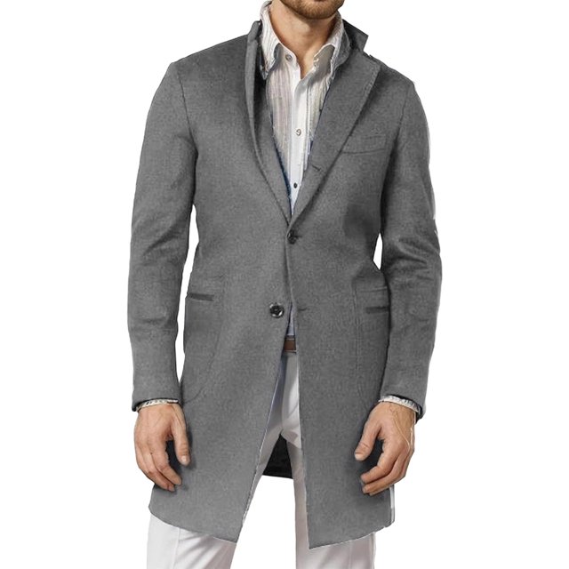 Lovzfmll Men's Wool Blend Trench Coat Notched Lapel Double Pockets Mid-Length Zip Button Gray, XL