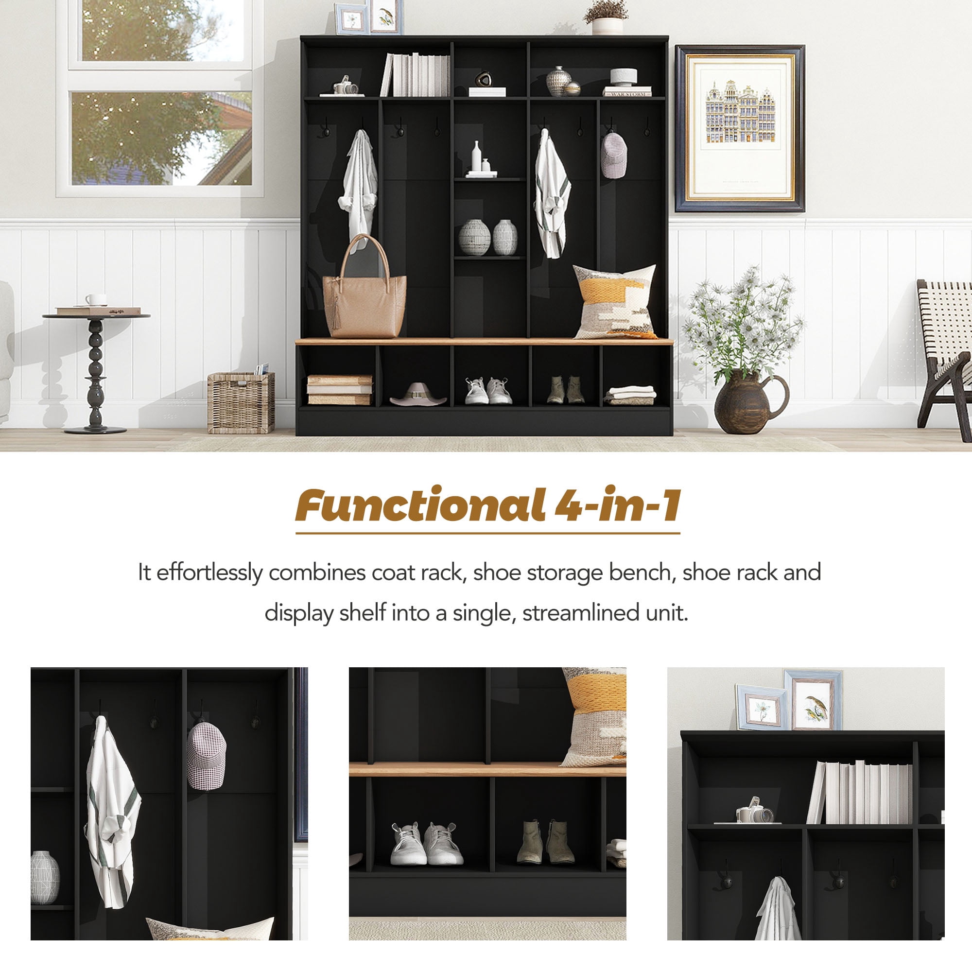 Euroco Wide Design Hall Tree with Storage Bench, Minimalist Shoe Cabinet with Cube Storage & Shelves, Multifunctional Coat Rack with 8 Hooks for Entryways, Mudroom