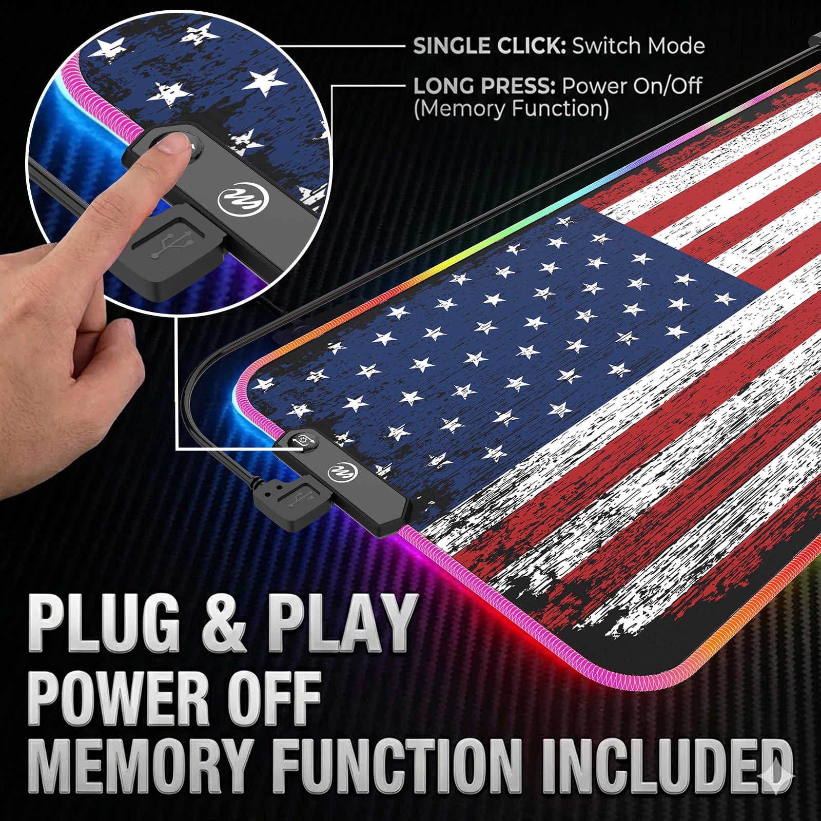memzuoix LED Mouse pad 31.5×11.8 Inch, Large RGB Glow Gaming Mouse Pad for Computer, 12 Cool Lighting Modes, Anti-Slip Base, Waterproof, Stain Resistant, Desk Mouse pad for Wireless mouse, Flag Shape