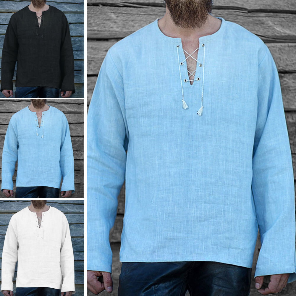 Men Solid Clothing Long Sleeve V-Neck Tops Linen Loose Blouse Casual ...