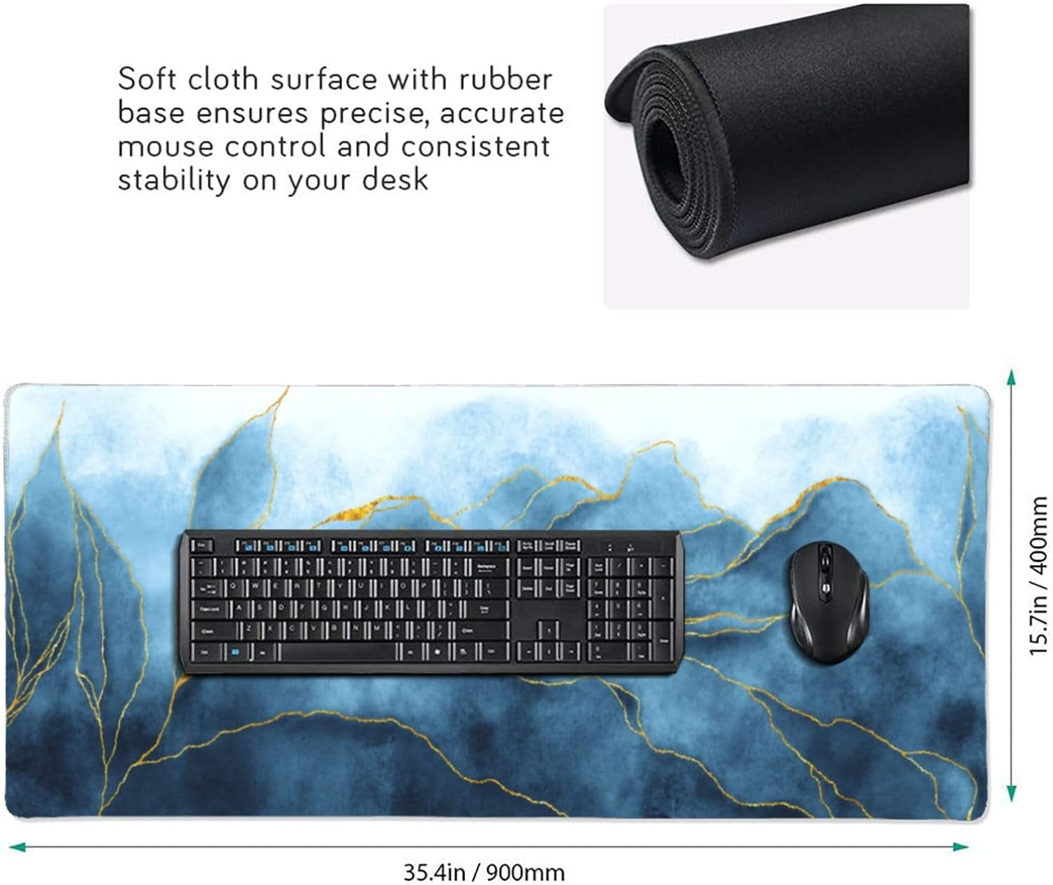Blue Golden Watercolor Marble Gaming Mouse Pad XXL 35.4×15.7 Inch Gold Line Navy Gray Abstract Extended Mousepad 40X90cm with Non-Slip Rubber Base Stitched Edge Large Desk Pad for Gamer Office