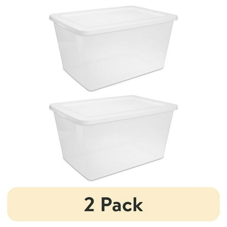 Sterilite 58 Quart Storage Box, Clear Plastic Storage Bin with Snap-on Lid, White (2 pack)