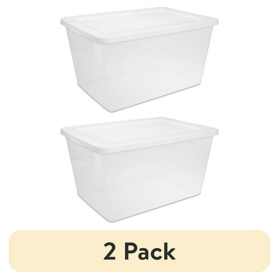 Sterilite 58 Quart Storage Box, Clear Plastic Storage Bin with Snap-on Lid, White (2 pack)