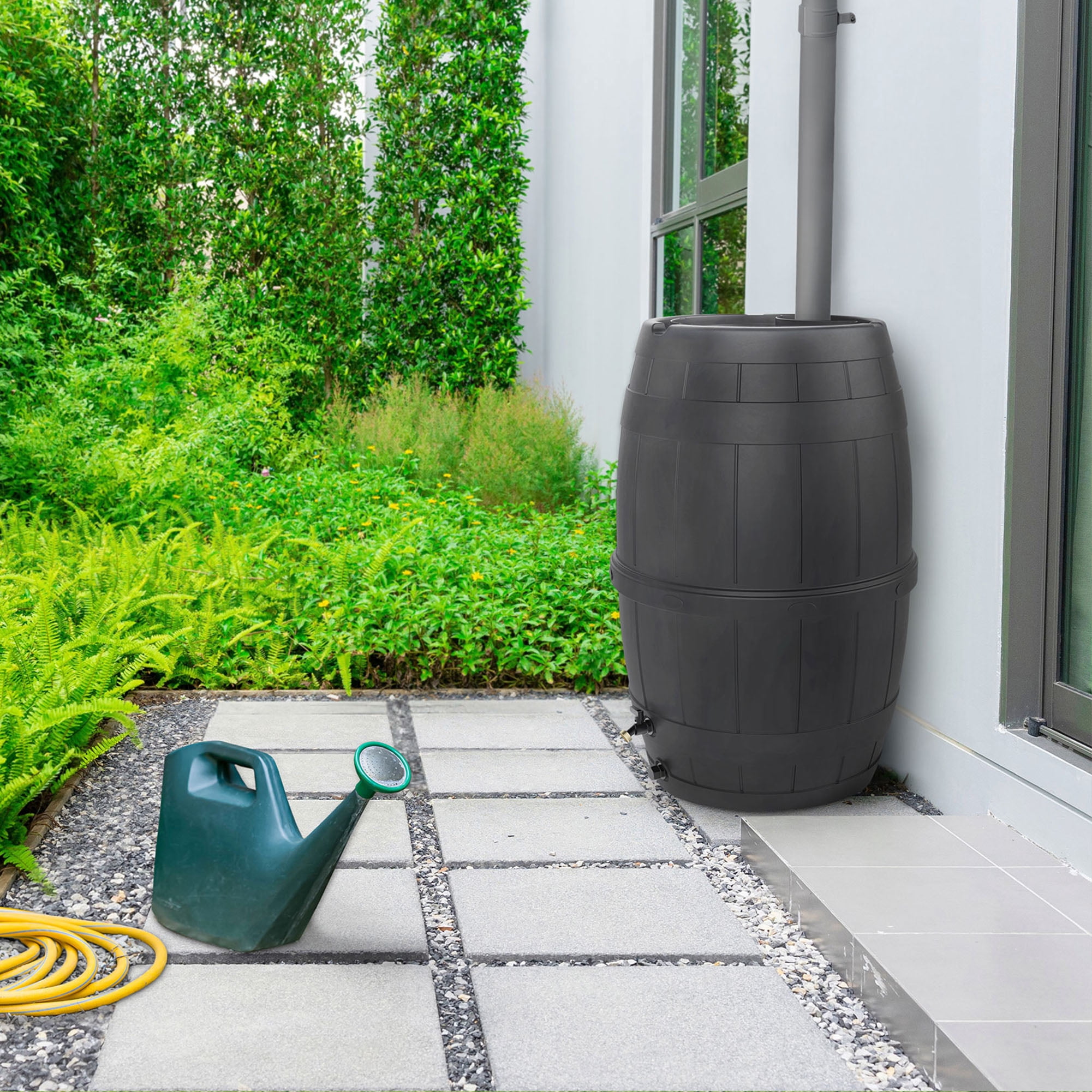 TierraVerde Knock Down Rain Barrel with Rust Proof Brass Spigot, 39 Gallon, Black