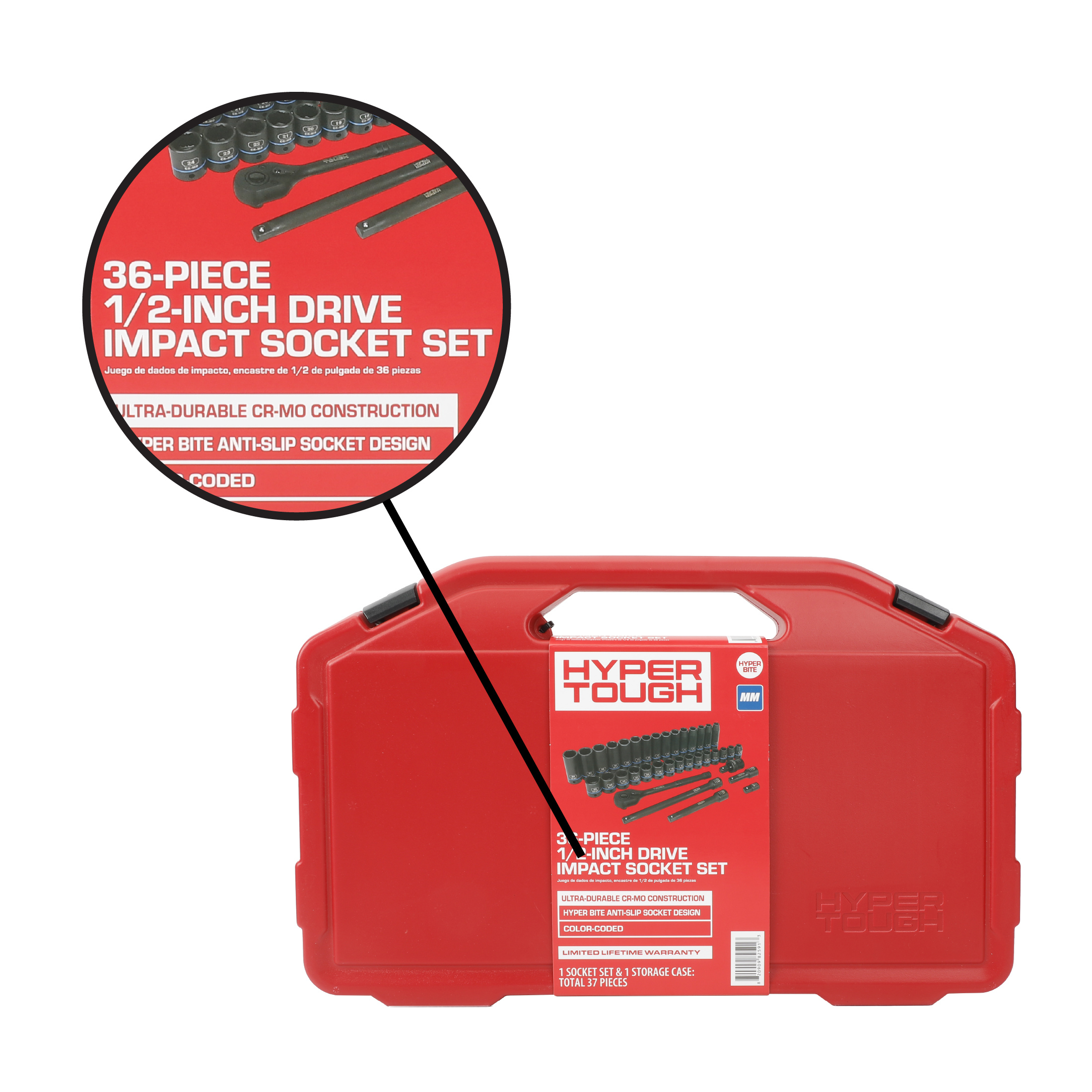 Juego de dados de impacto Hyper Tough de 36 piezas, 1/2 pulgada, métrico, CRMO (mm) 7