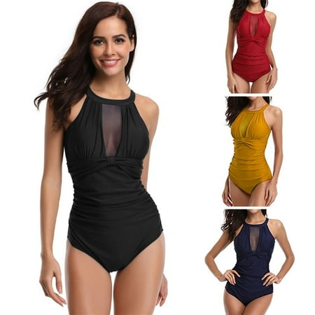 High Neck One Piece Womens One Piece Swimsuits Tummy Control Swimwear High Neck Mesh V Neck Ruched Monokini Bathing Suits ()