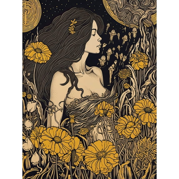Woman in Flower Field Midsummer Night Illustration Large Wall Art Poster Print Thick Paper 18X24 Inch