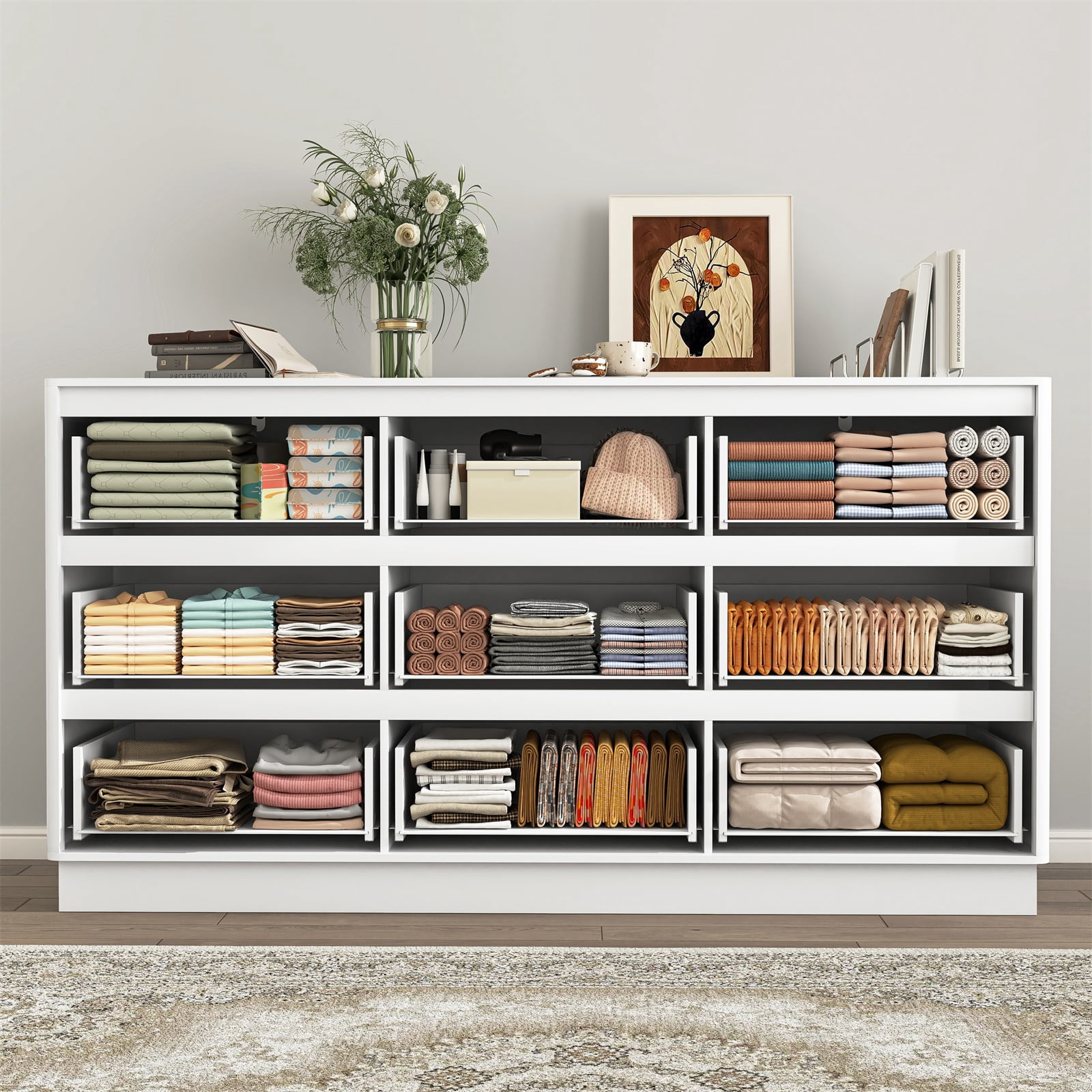 Hommoo Modern 9-Drawer Wood Dresser, Fluted Chest of Drawers, Multifunctional Storage Cabinet Credenza Side Table, White