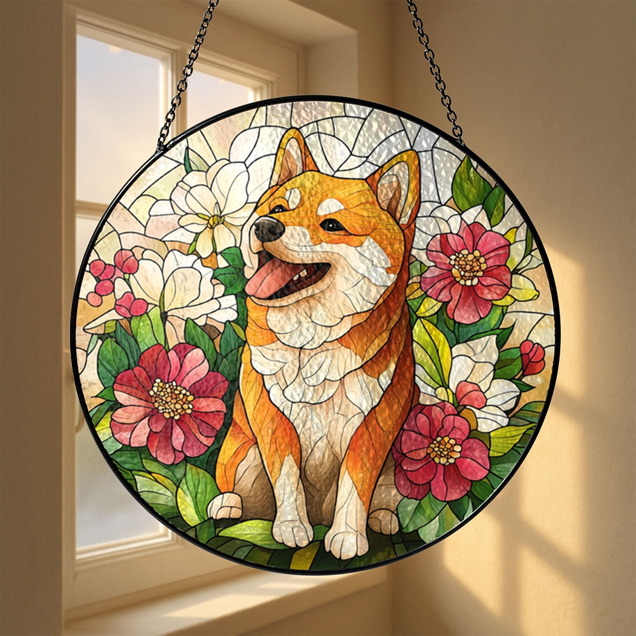 Colorful Shiba Inu Dog Stained Glass Suncatcher, Window Hanging Panel, Gift for Dog Enthusiasts