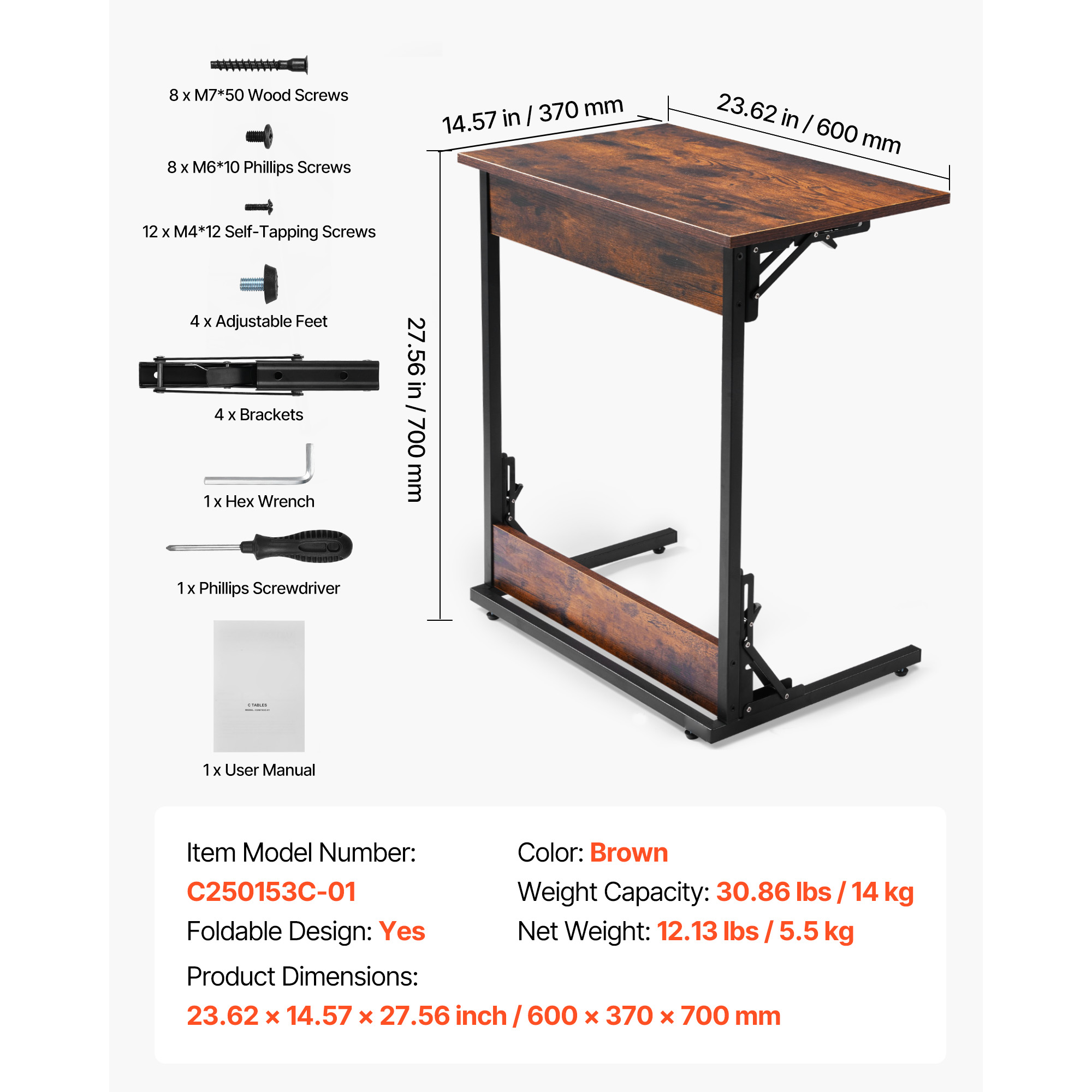 KFFKFF Folding C-Shaped End Table with Metal Frame & Adjustable Feet, Compact Foldable Side Table for Living Room, Bedroom, or Office, 23.62 x 14.57 x 27.56 inch TV Tray, Brown and Black