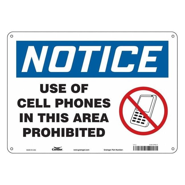 Safety Sign Cell Phone, 10 in H, 14 in W, Polyethylene, Horizontal Rectangle, English, 451P61