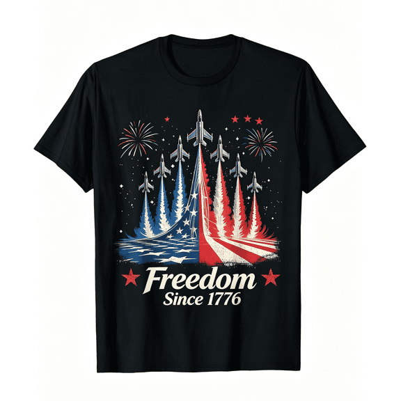 Vintage USA Patriotic Tee For Men | Freedom Since 1776 American Flag Jet Fighter 4th Of July T-Shirt