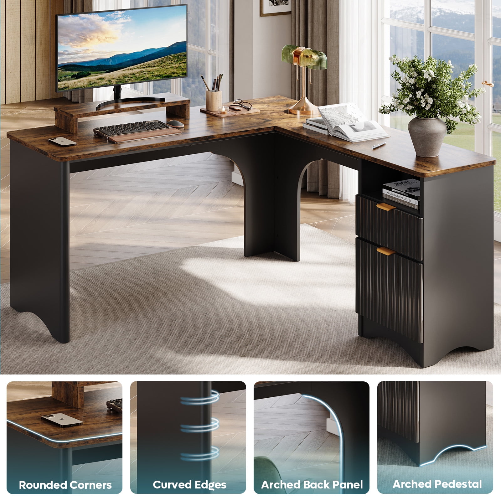 Bestier L Shaped Desk with Drawers, 55.7" x 55" Office Computer Desk with Round Corners, Monitor Stand & Fluted Panels, Black & Rustic Brown