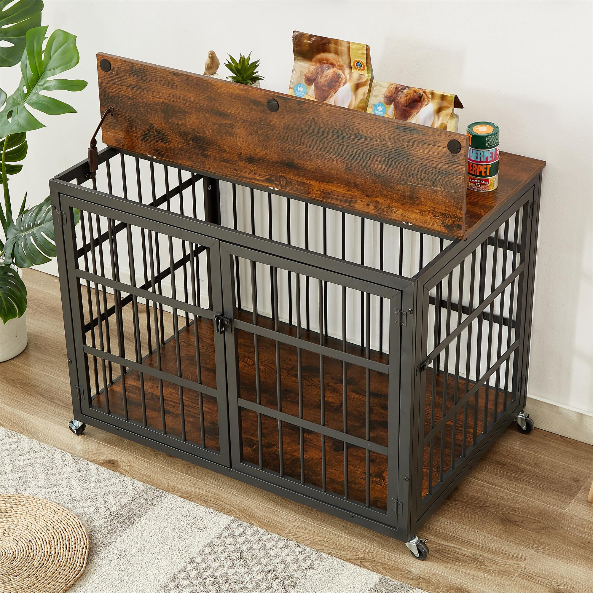 Pefilos 43" Heavy Duty Dog Crate for Small Dogs, Furniture Style Dog House with Wheels, Indoor Dog Cage Wrought Iron Frame Door with Side Openings, Brown Pefilos 43" Heavy Duty Dog Crate for Small Dogs, Furniture Style Dog House with Wheels, Indoor Dog Cage Wrought Iron Frame Door with Side Openings, Brown