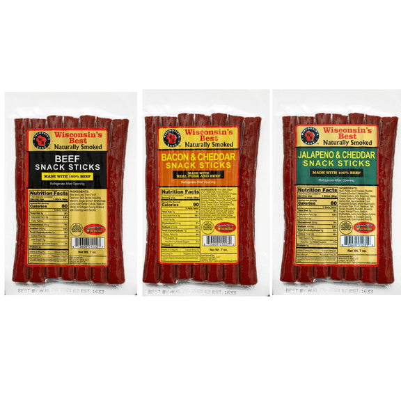 Wisconsin's Best - Beef, Bacon Cheddar & Jalapeno Cheddar Meat Sticks - 3 Pack, 7oz. Each