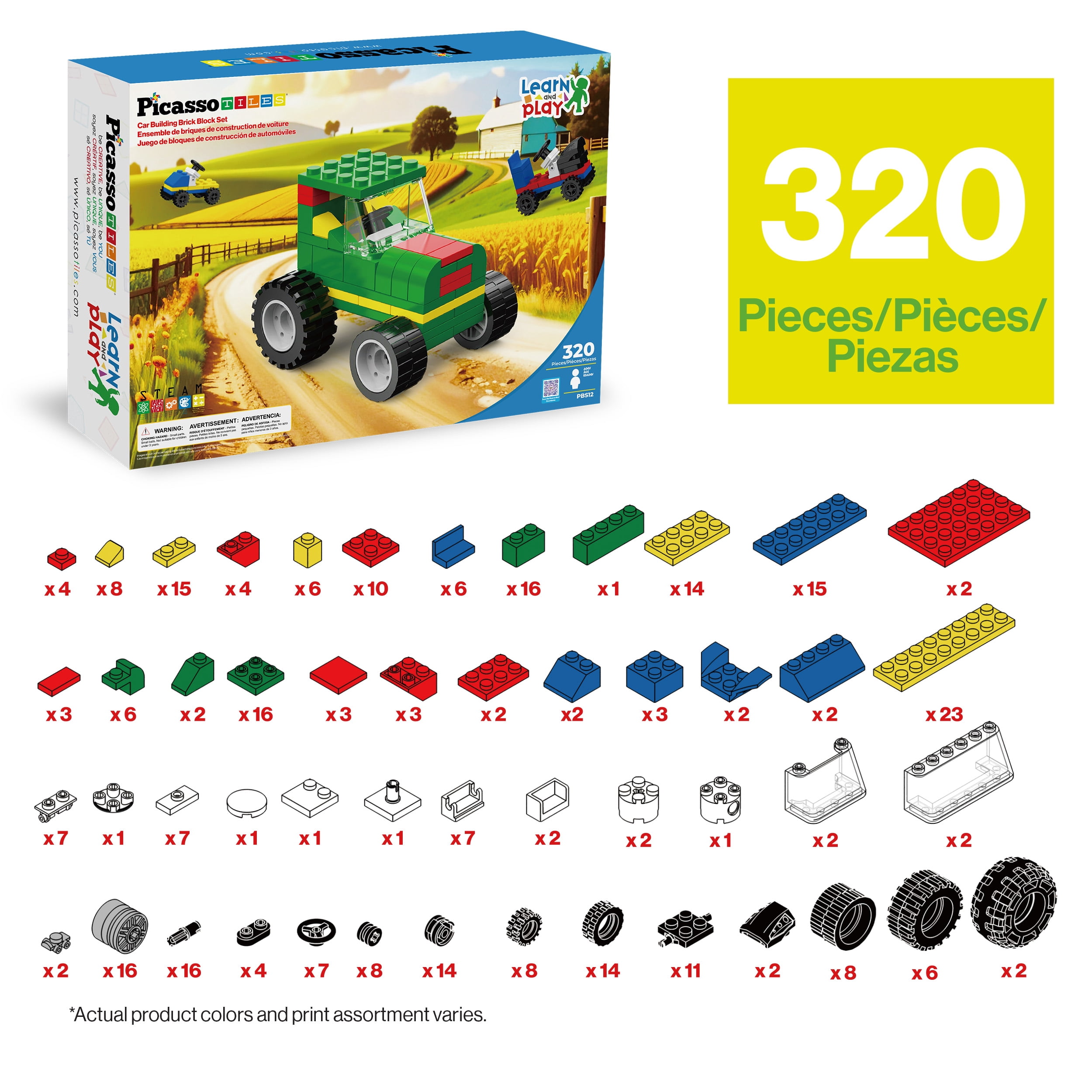 PicassoTiles 320-Piece Car Building Brick Block Set, Creative Vehicle Construction Toy for Kids, STEM Learning & Imaginative Play