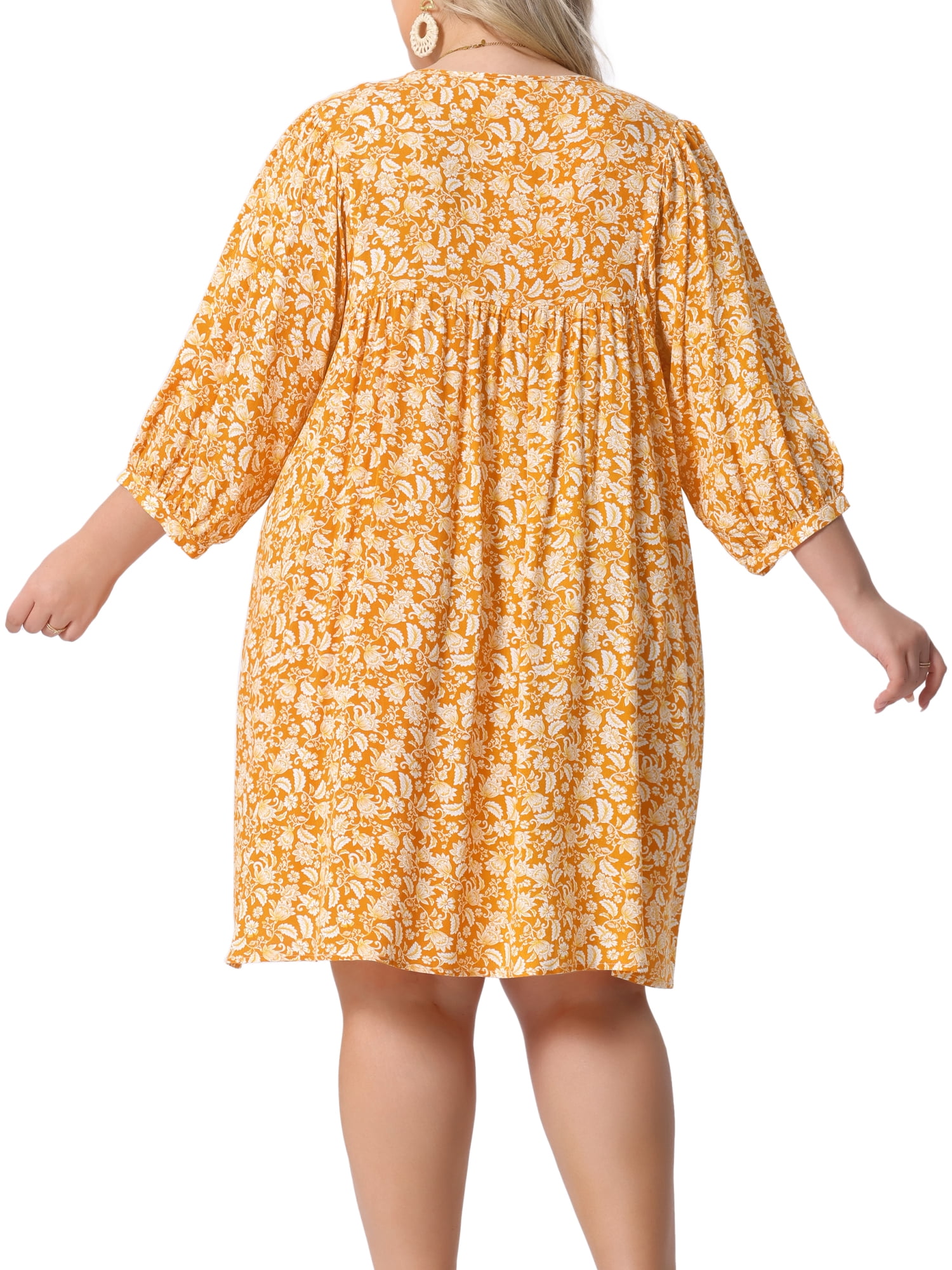 DARING DIVA Women's Plus Size Drawstring V Neck Babydoll Midi Flowy Dress 2X Orange