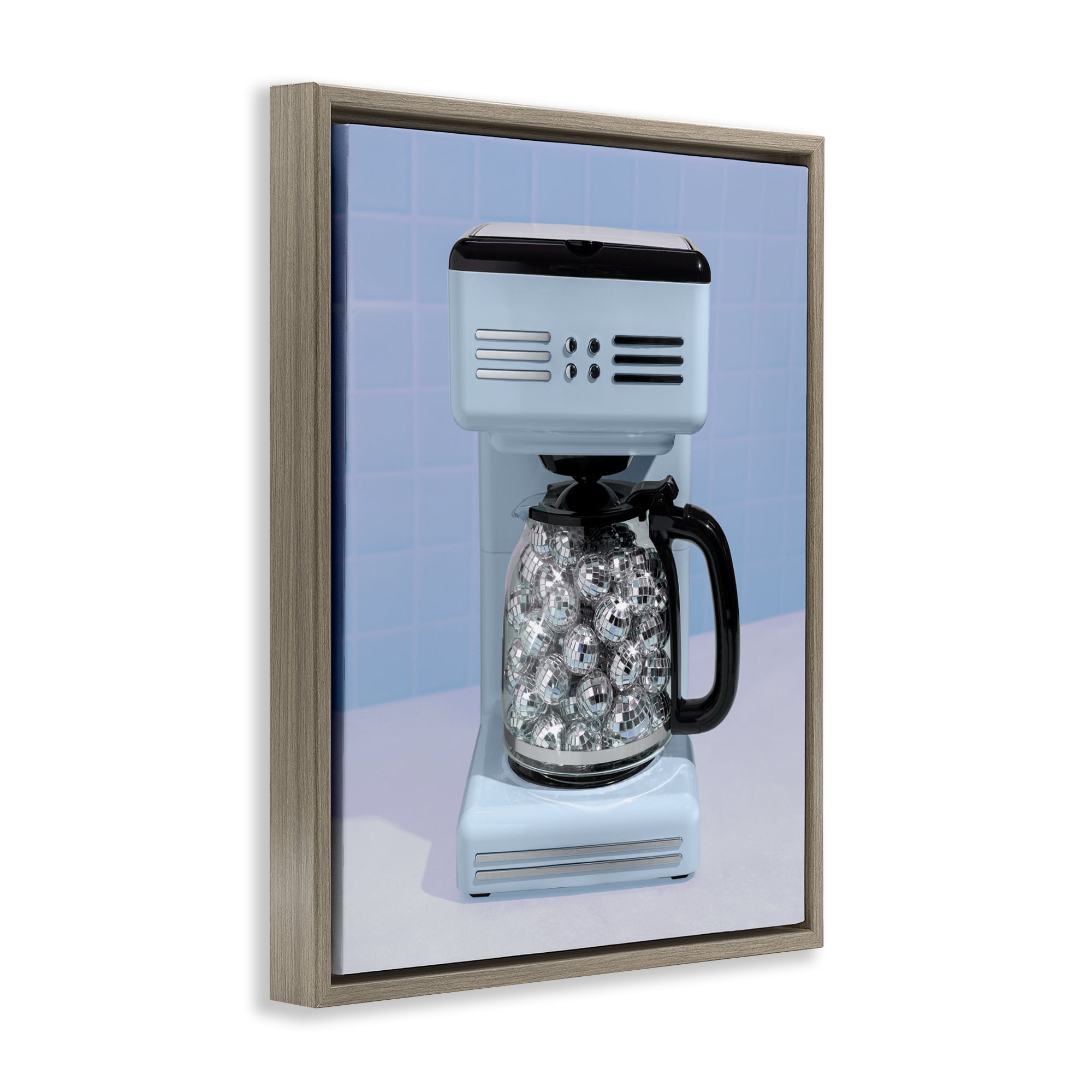 Stupell Industries Disco Coffee Maker over Blue Brown Framed Floater Canvas Wall Art, design by LISH Creative