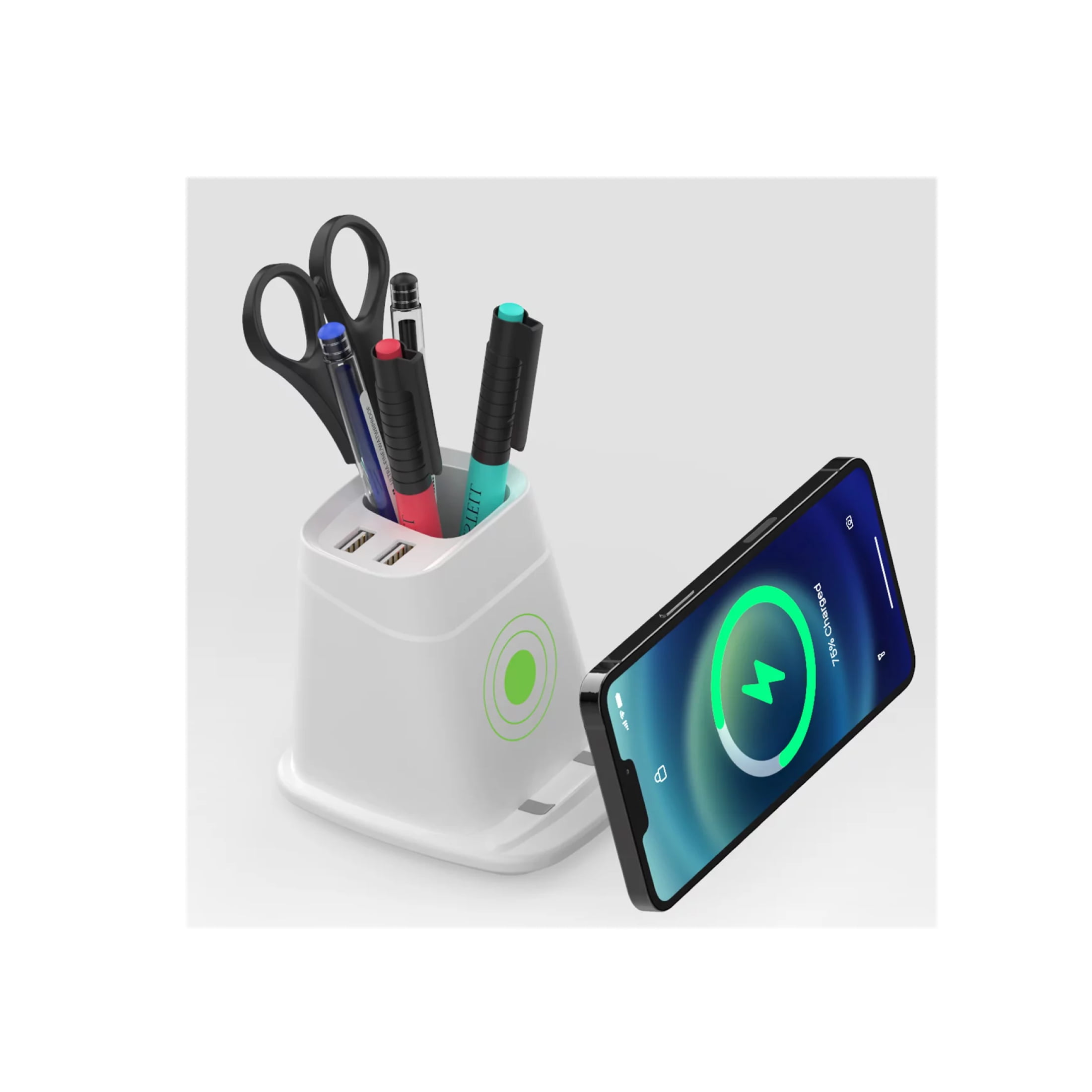 Premier Qi Phone Docking Charging Stand with Dual USB & Pencil Holder (for Phones like Apple or Android)