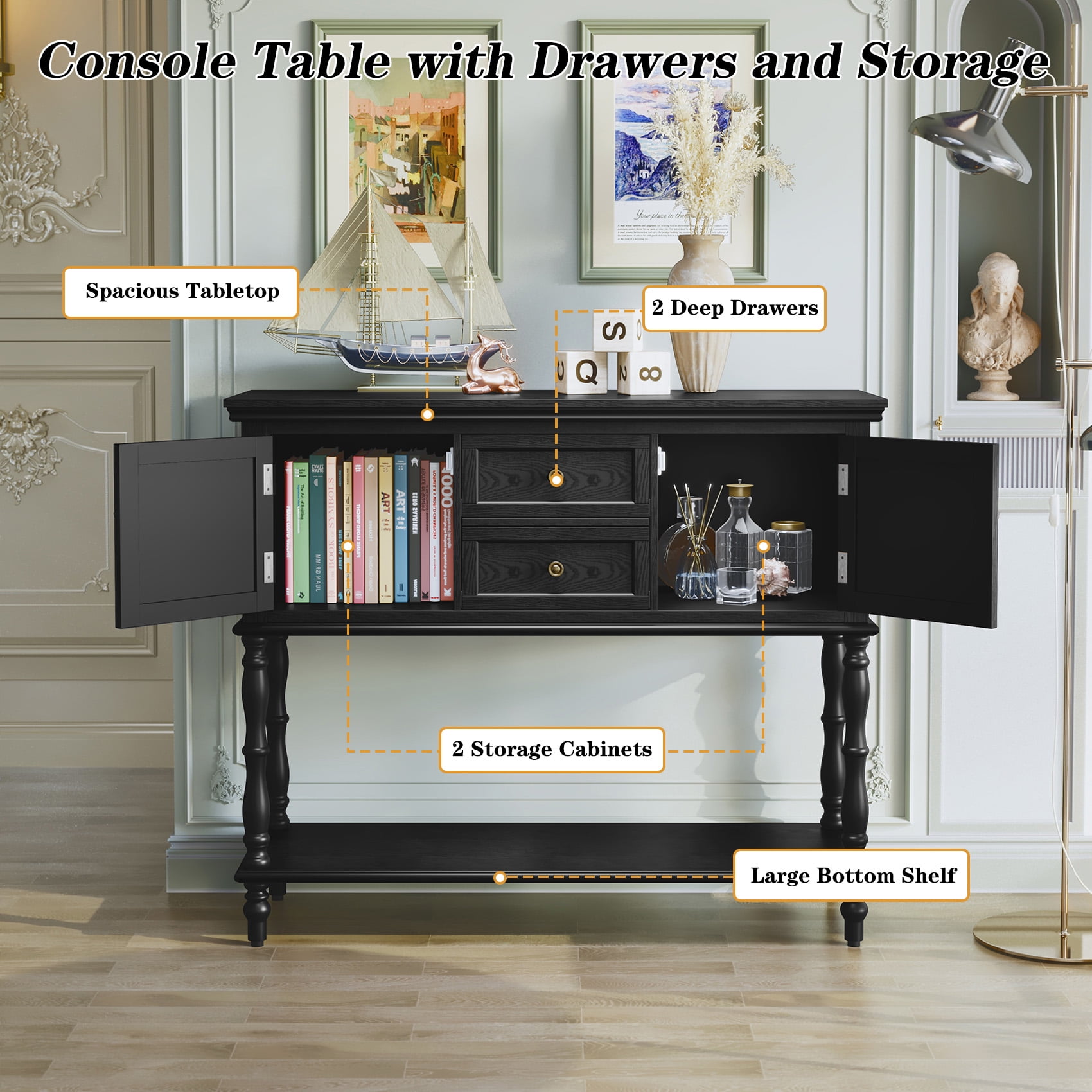 CBJCBJ 42" Farmhouse Console Table , 2 Drawer Narrow Long Entryway Table with Open Storage Shelf , for Living Room, Black