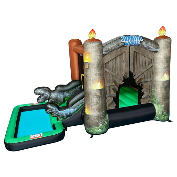 Funormous Jurassic World Dinosaur Bounce House with Slide, Ball Pit & Pool – Indoor/Outdoor Inflatable Castle with GFCI Air Blower for Kids Ages 3–8