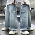 thumbnail image 4 of shqvo Teen Boys Jeans Size 14-16 Wide Leg High Waisted Elastic Waist Cotton Baggy Jeans Boy Loose Fit Classic Fashion Trousers Streetwear with Pockets Blue 15-16 Years, 4 of 9