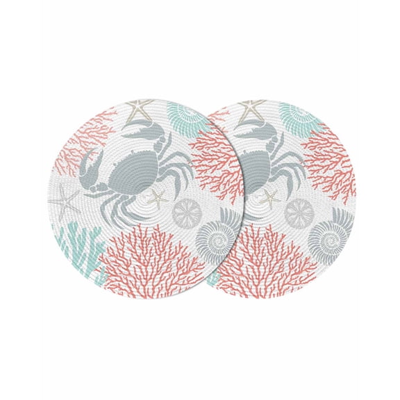 Teal Red Crab Coastal Round 13 Inch Placemats Set of 2, Summer Coral Nautical HeatResistant Non Slip Place Mats for Dining Table, Wipeable Braided Kitchen Table Mats for Housewarming