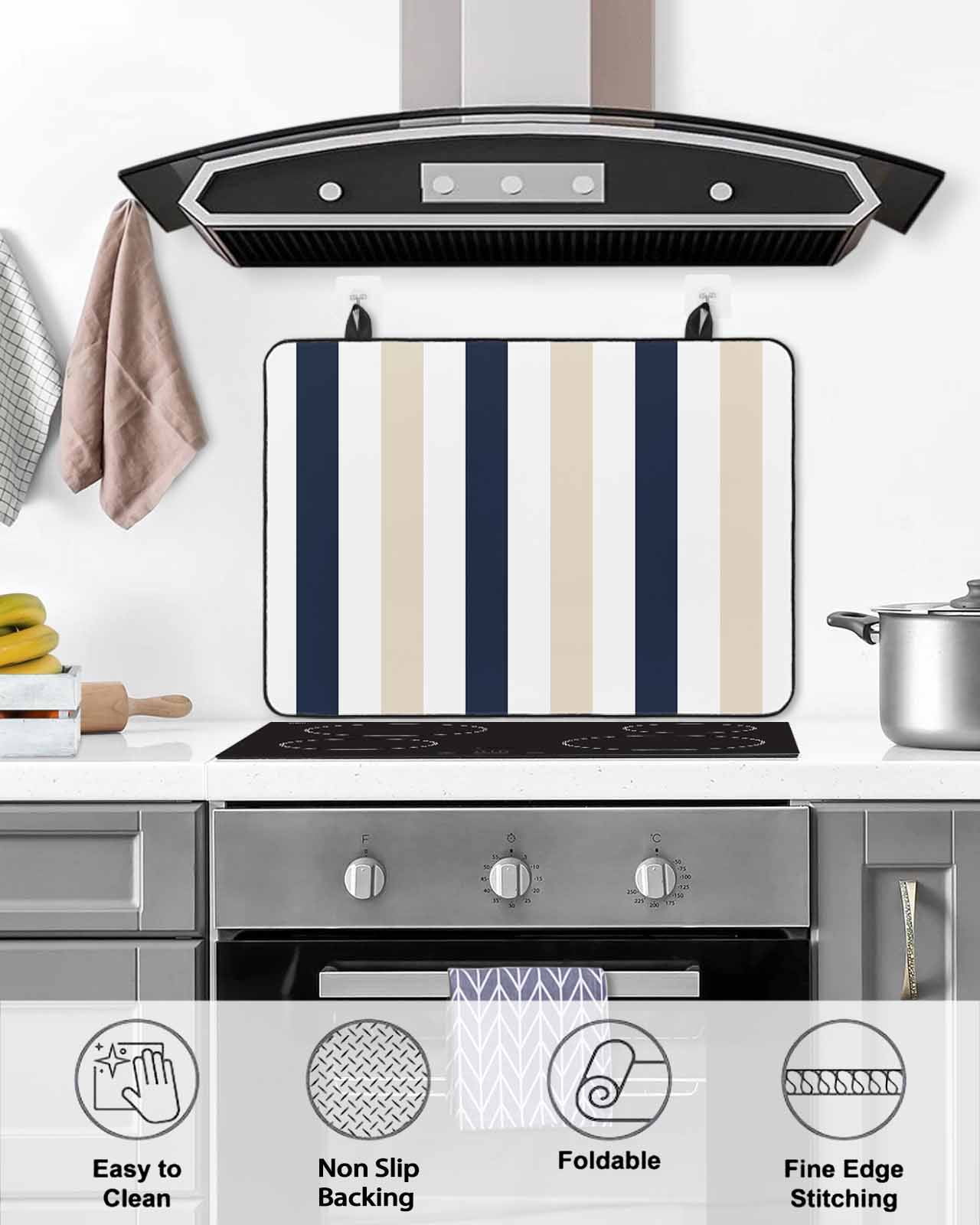 nqOlkjepod Large Induction Cooktop Protector Mat 36"x21", Beige Navy Blue Striped Stove Top Covers for Electric Stove, Farmhouse Stripe Art Decorative Stove Burner Cover Mats, Glass Top Stove Cover