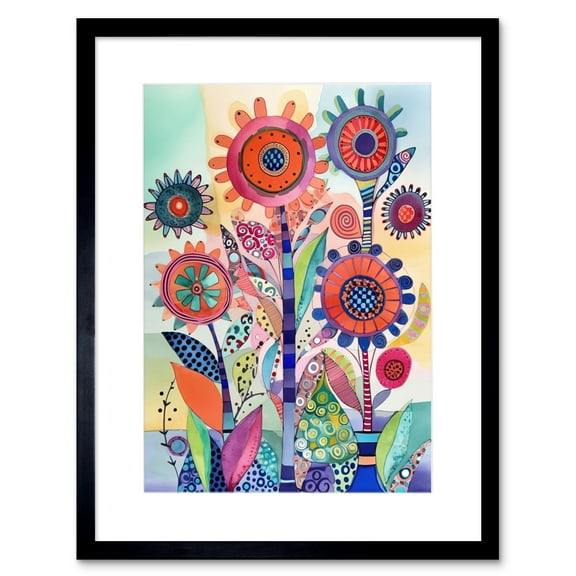 Large Flower Blooms With Embroidery Style Patterns Folk Art Watercolour Painting Artwork Framed Print Wall Art 9X7 Inch