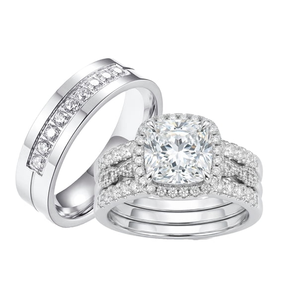 SFTING Wedding Ring Sets for Him and Her Couple Rings Women 18K Plated Engagement Anniversary Silver Men Ring Titanium Steel Size 9&7