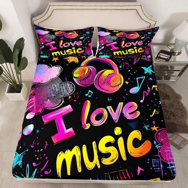 Erosebridal Drap-Housse Disco Musique Simple, Ensemble de Literie Note de Musique Taille Simple, Décor Graffiti Coloré 2 Pcs (Sans Drap Plat)