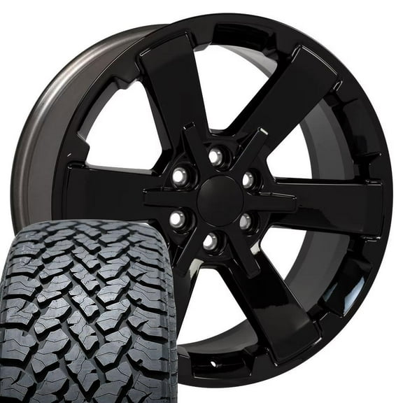 OE Wheels CV41B 22 Inch Rims and Tires Fit Silverado 1500 Rally Style 6x139.7 22x9 Gloss Black - Hollander 5662 - TS-37 AT 285/45-22 (Set of 4)